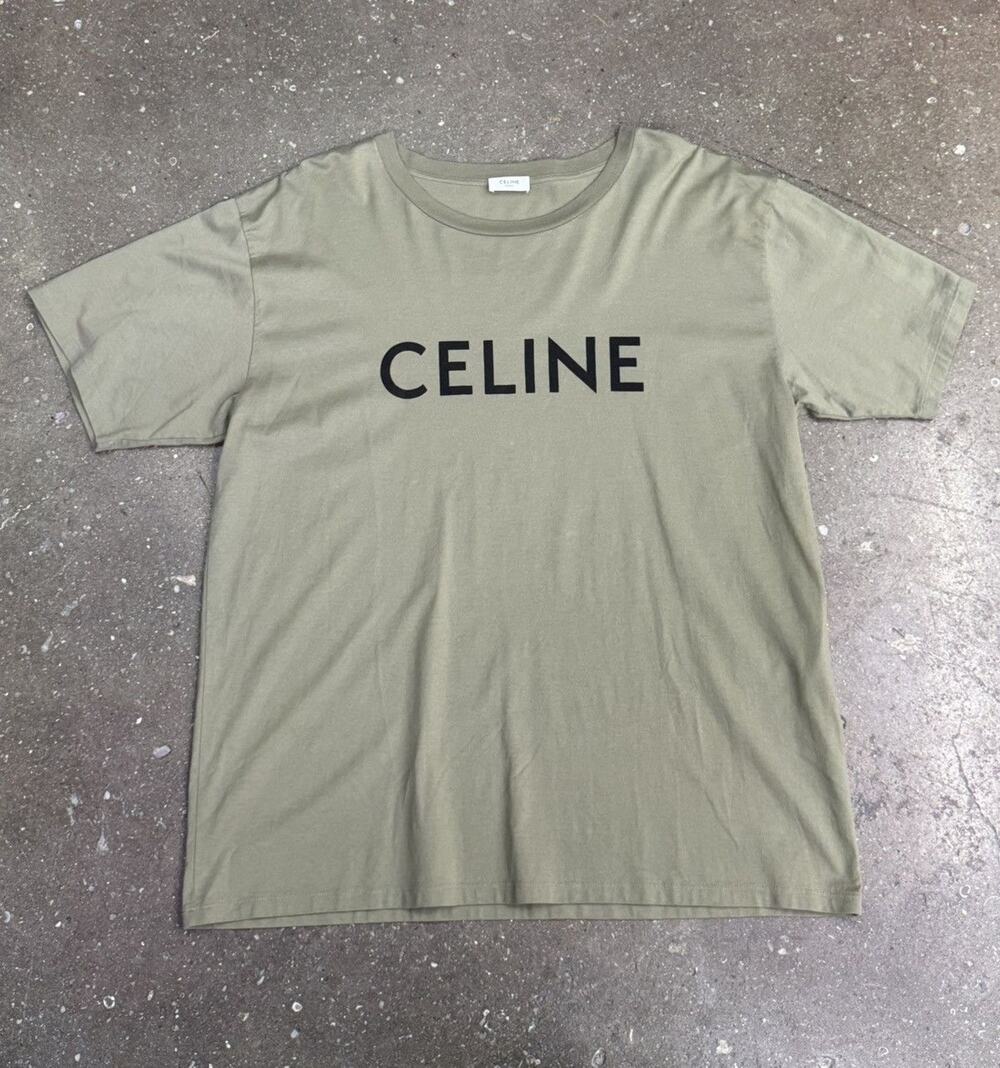 Celine Logo Print Sage Green T-Shirt